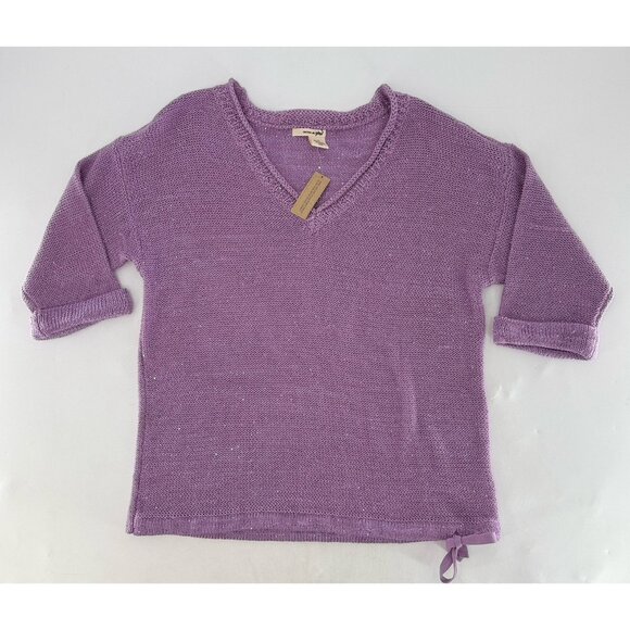 DKNY V-Neck Knit Purple Shimmery Pullover Sweater Size M Preppy Bottom Tie Flaw - Picture 3 of 11